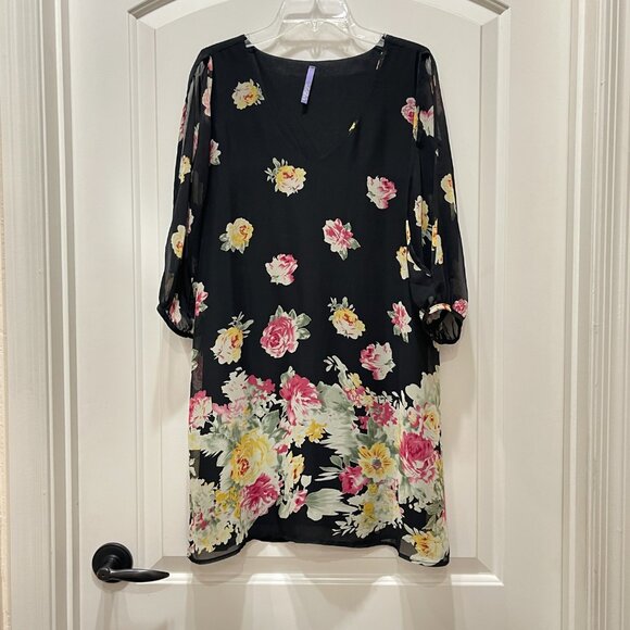 New Lulus Dress Shifting Dears Small Black Pink Yellow Rose Floral Cold Shoulder - Picture 3 of 10
